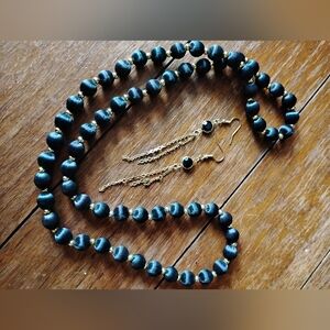 Black And Gold Vintage Jewelry Set Silk Necklace And Bezel Gem Dangle Earrings